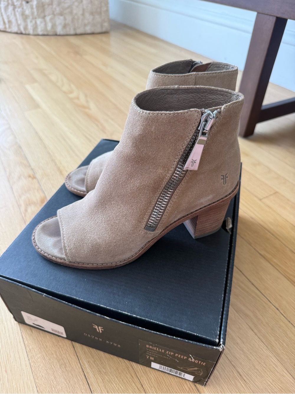 Frye Tan Suede Peep-Toe Zip Ankle Booties